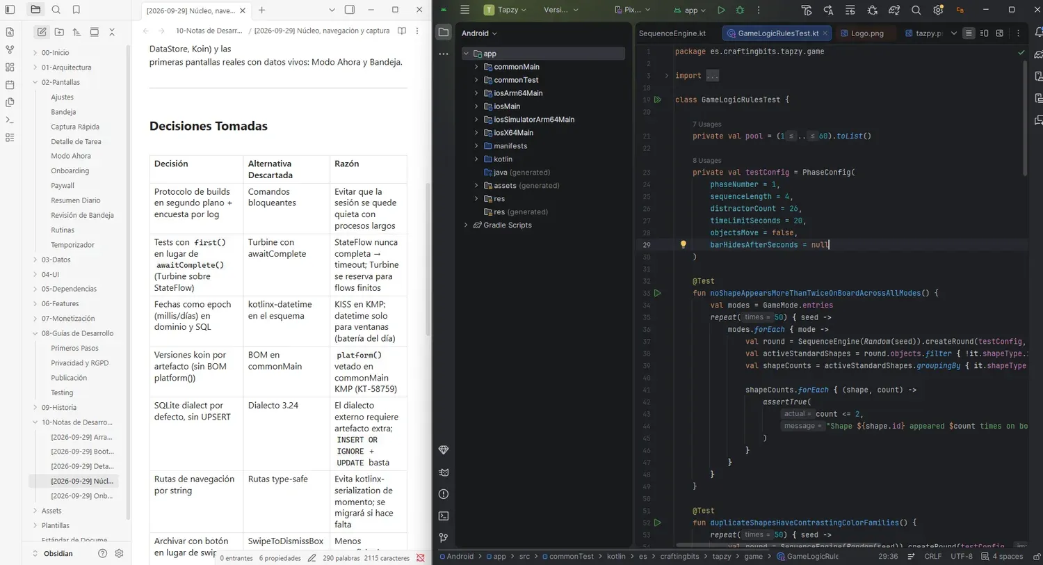 Escritorio con un vault de Obsidian y Android Studio abiertos, mostrando la documentación del proyecto y el código