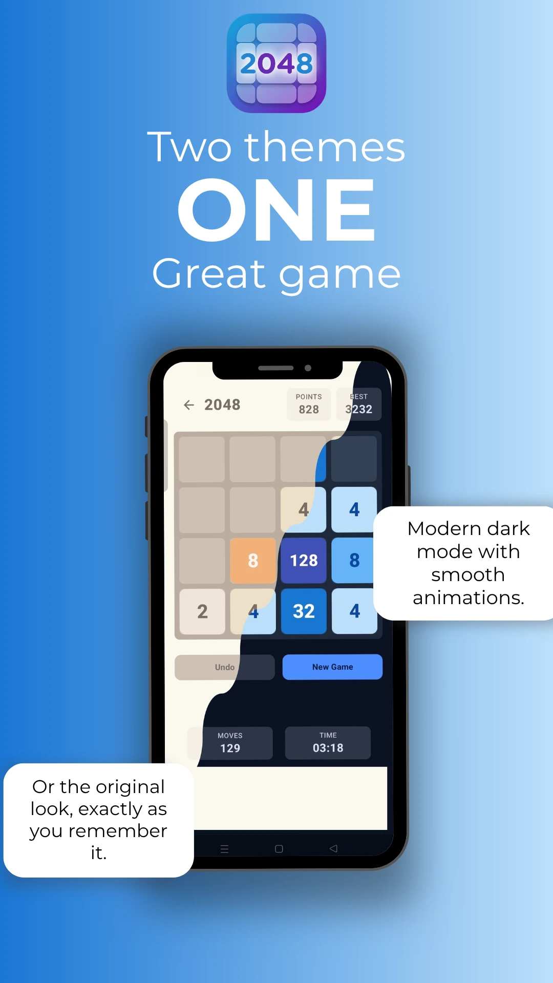 2048 Puzzle con doble tema: modo oscuro Fusion y aspecto clásico original