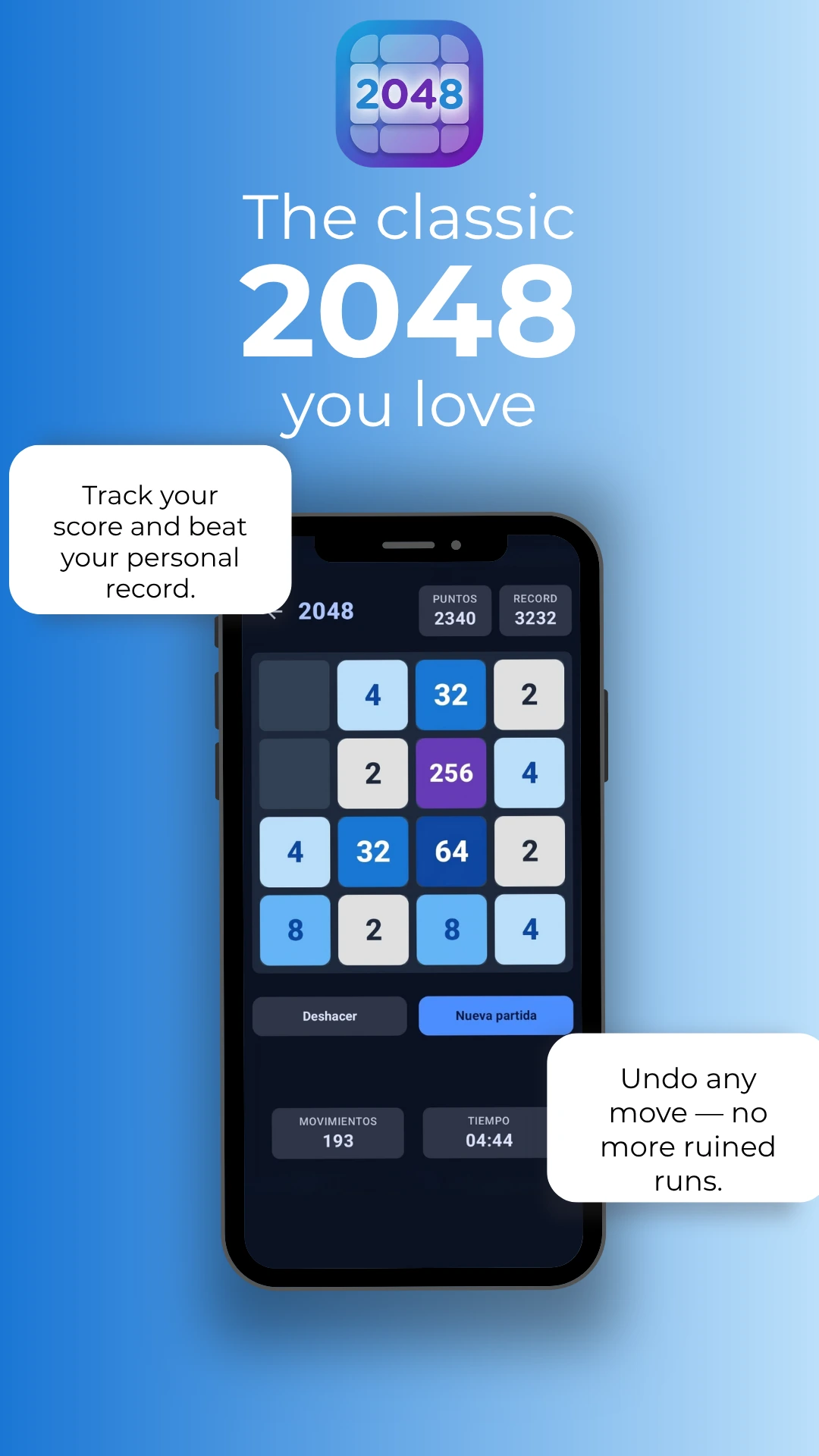 Tablero de 2048 Puzzle con puntuación, récord y botón de deshacer