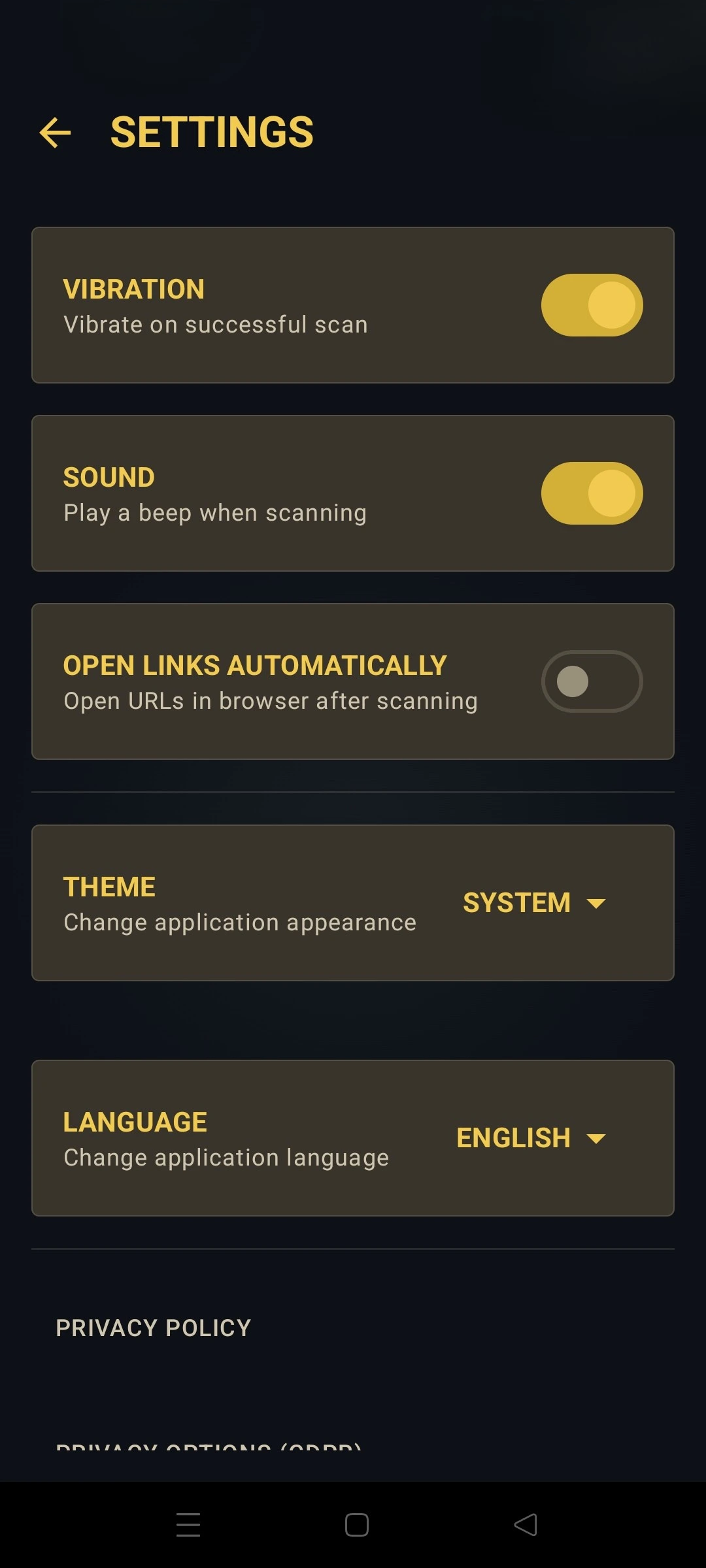 Ajustes de QRVault: vibración, sonido, apertura de enlaces, tema e idioma