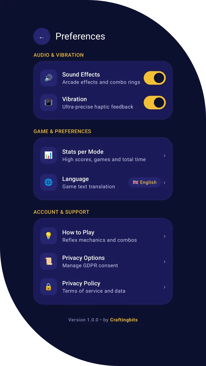 Ajustes de Tapzy: sonido, vibración, estadísticas por modo, idioma, cómo jugar y privacidad
