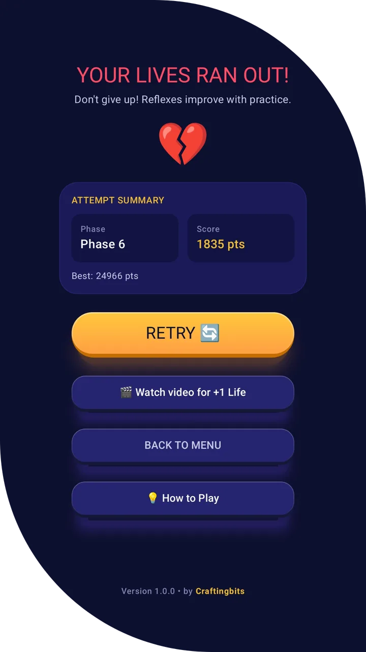 Resumen de partida de Tapzy: fase alcanzada, puntuación, récord y opción de ver un anuncio para una vida extra