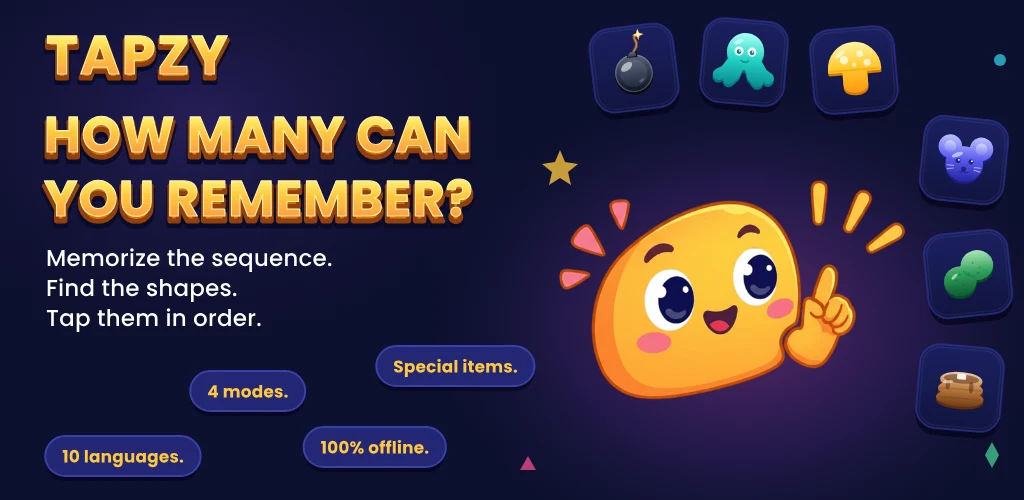 Tapzy — ¿cuántas figuras puedes recordar? Memoriza la secuencia, encuéntralas y tócalas en orden