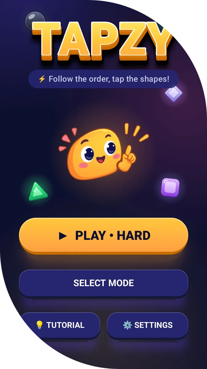 Menú principal de Tapzy con el botón PLAY, selección de modo, tutorial y ajustes