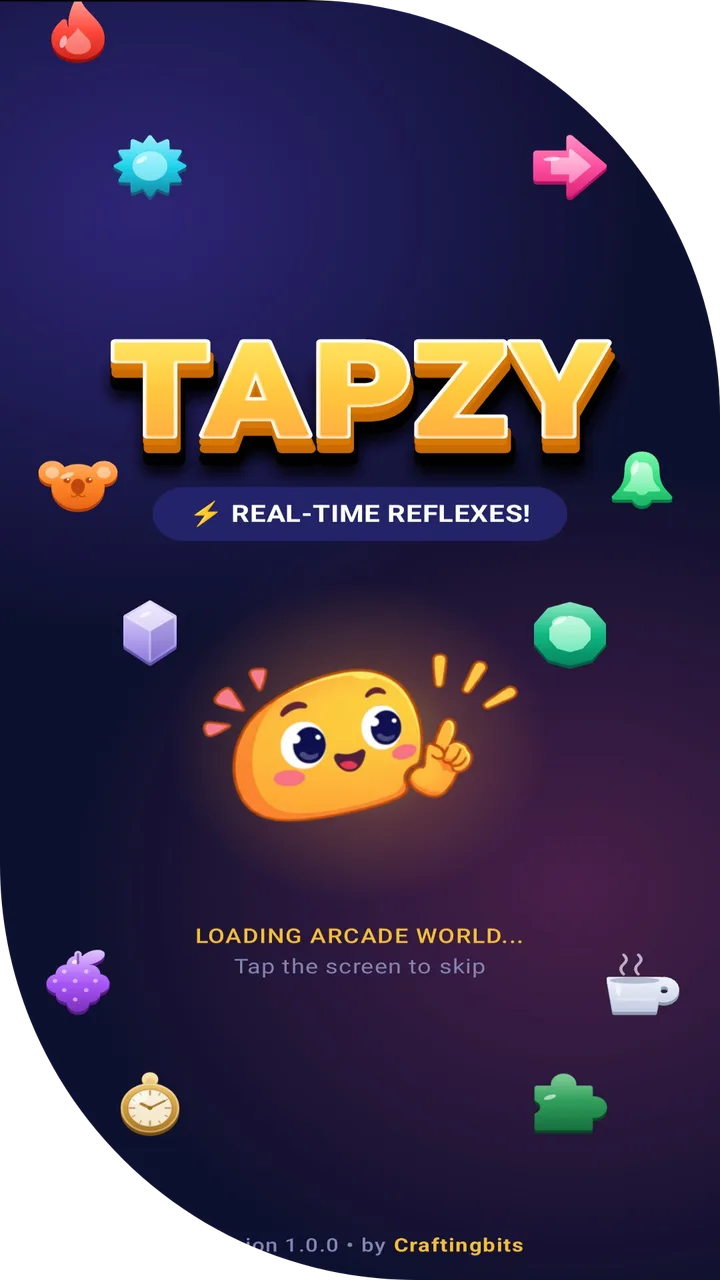 Pantalla de carga de Tapzy «Real-time reflexes» con la mascota y figuras flotando