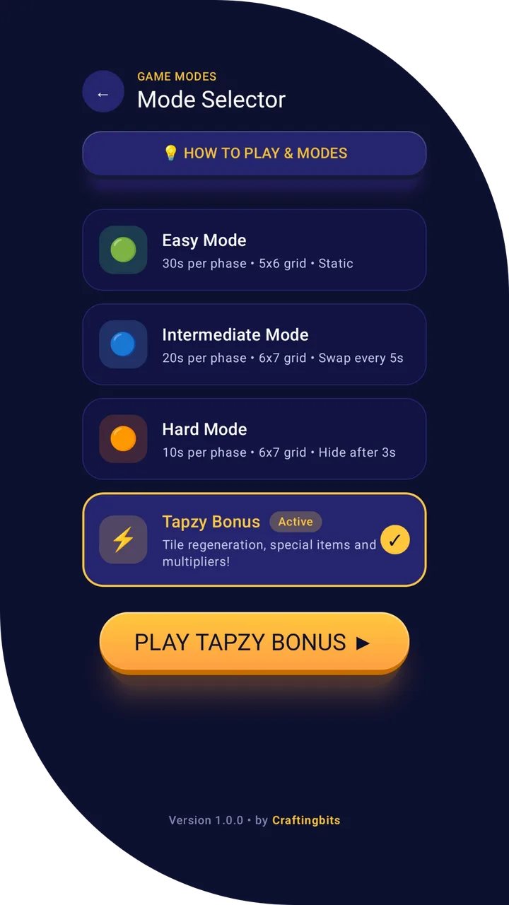 Selector de modos de Tapzy: Fácil, Intermedio, Difícil y Tapzy Bonus