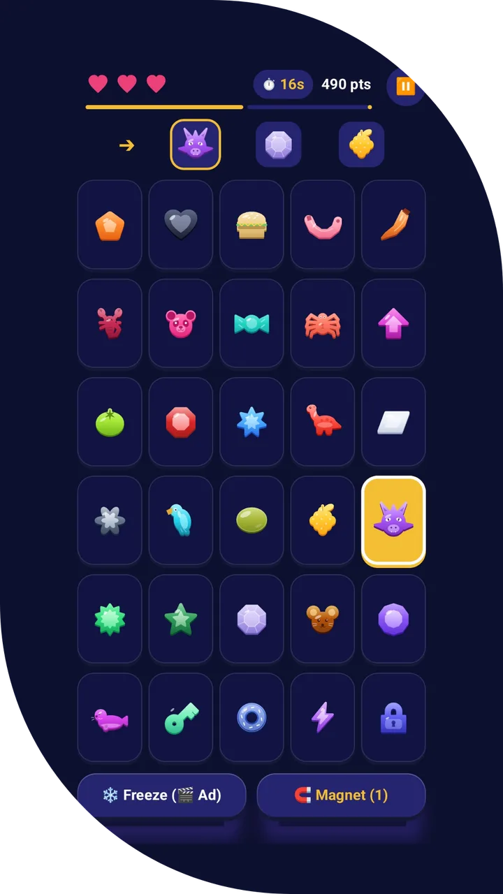 Partida de Tapzy: secuencia de figuras, tablero, vidas, tiempo y puntuación, con los botones Congelar e Imán